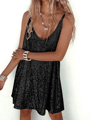 Image of MIYIEONZ Women Sequin Sexy V Neck Shift Dress Sparkly Glitter Sleeveless Short Flowy Loose Party Night Out Club Dress