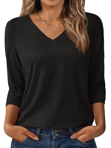 3/4 Length Sleeve Womens Tops V Neck Casual Tunic Loose Fit Basic Shirts Trendy Tops for Women 2025