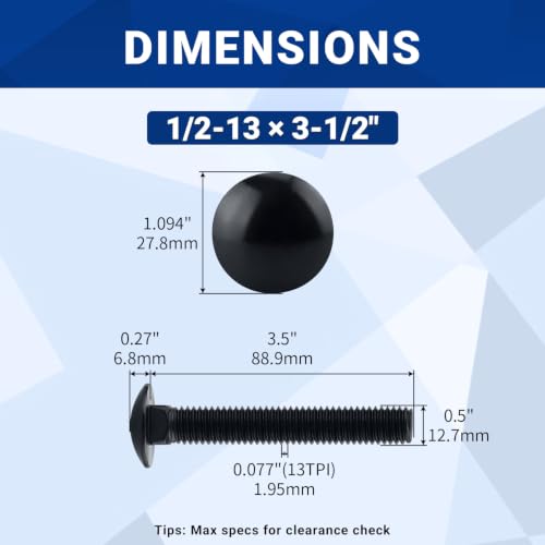 Image of 1 /2-13 x 3-1 /2 inch Black Carriage Bolts with Nuts and Washers Kits (6 Sets), 304 Stainless Steel 18 /8, Black Finish, Round Head, Square Neck, Heavy Duty Bolts, Indoor Outdoor Fastening Bolts, Fayeploo