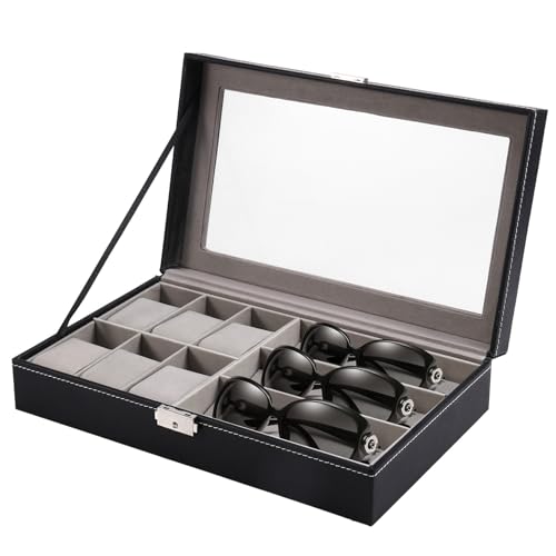Ronlok Caja de Almacenamiento de Gafas de Sol 2 en 1 de PU con 6 Ranuras para Guardar Gafas y 3 Ranuras para Guardar Relojes, Organizador A Prueba de Polvo