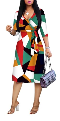 Image of Womens Plus Size Summer Dresses Sexy V Neck Midi Dress Faux Wrap Dress 3 /4 Sleeve Boho Casual Floral A-Line Skirts