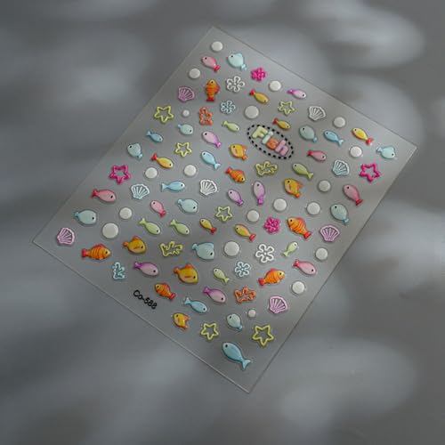 Image of Fish Nail Stickers Decals Summer Nail Art Stickers Cute 5D Nail Decals for Nails Art with Coral Design Self Adhesive for Women Manicure Decoration Accessories