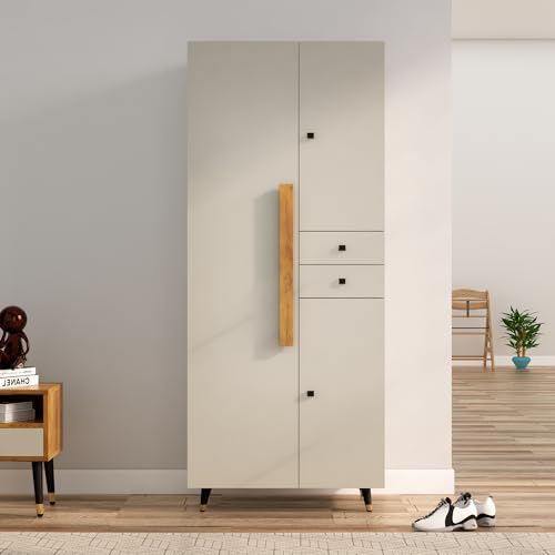 Image of Bniture 3 Door Wooden Wardrobe for Bedroom | Almirah for Clothes with 3 Shelves & 2 Hanging Sections | Full Height Storage Cupboard for Bedroom | Storage Cupboard with Long Bar Handle | Frosty White