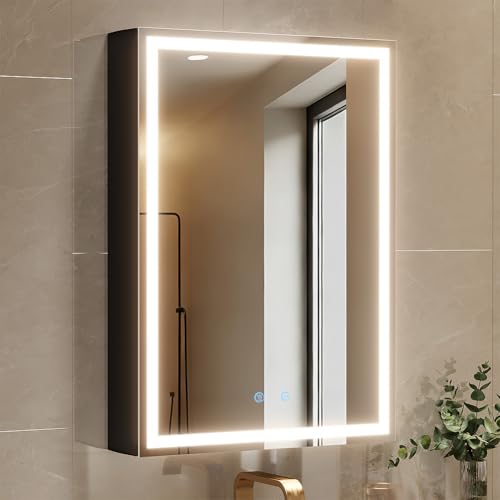 Spliceable Modular LED Lighted Bathroom Medicine Cabinet Mirror with Anti-Fog Aluminum Frame Adjustable Lighting Built-in Sockets & USB Ports Wall Mounted (Right Hinge 28 L x 20 W)