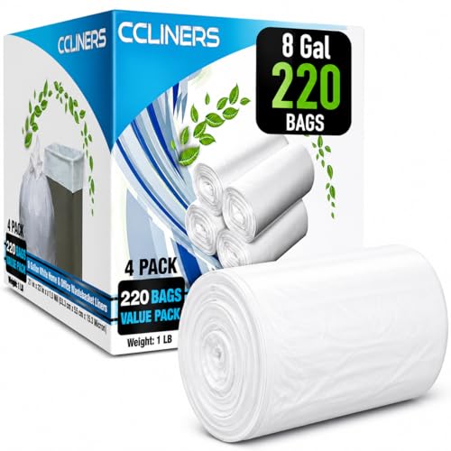 8 Gallon Medium Trash Bags White Kitchen Garbage Bags Plastic Wastebasket Trash Can Liners for Home and Office Bins, 220 Count