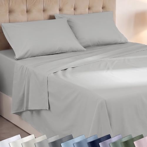 Image of Super Soft 100% Cotton Queen Bed Sheets, 4 Pc Set, Light Grey | Lightweight & Breathable For Hot Sleepers, 14 inch Deep Pocket, All-Around Elastic, Durable, Easy Care, OekoTex Certified