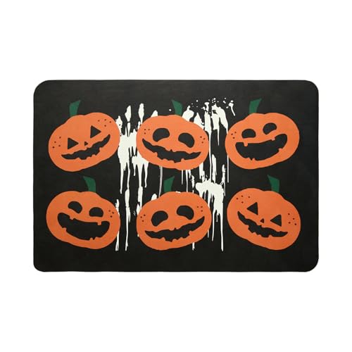 Halloween Bath Mat, Thin Halloween Bathroom Rug Non-Slip Quick Dry Pumpkin Bath Mat Fits Under Door Thin Floor Mat Halloween Decor, 17’’x30‘’, Pumpkins Black