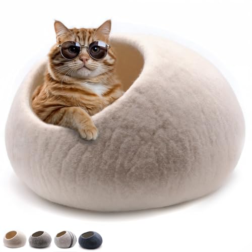 Miauff Katzenhöhle aus Filz – Handgefertigte Kuschelhöhle aus 100 % Merino-Wolle – Hygienisch, geruchsneutral & stilvoll, ca. 45x45x30 cm​...