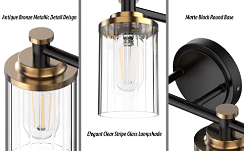 Image of Bathroom Lighting Fixtures Black and Brass Bathroom Vanity Light with Cylindrical Clear Stripes Glass Lampshade E26 Socket Base Bathroom Lighting Fixtures Over Mirror (2 Lights)