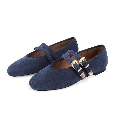 Gengzai Womens Navy Suede Ballet Flats Shoes Mary Jane Flat