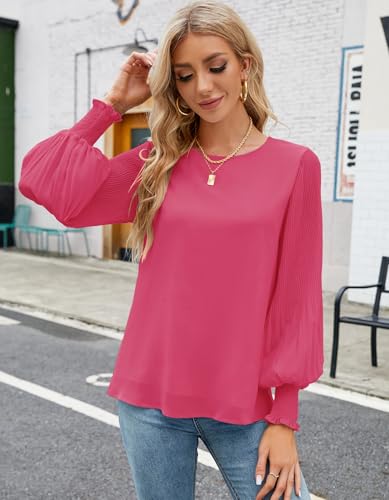 Image of Aifer Womens Tops Dressy Casual Long Sleeve Shirts Chiffon Blouses | Sheer Pleated Lantern Sleeves, Crew Neck, Back Keyhole, Versatile, Ideal for Office Workwear, Daily Outfits, Party Looks