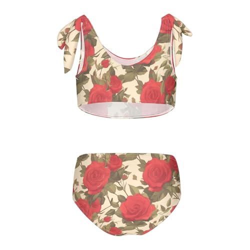 Floral Pattern Red Roses Girl Two Piece Kids Bikini Set Quick-Dry Swimsuit Swimwear Adjustable Strap2