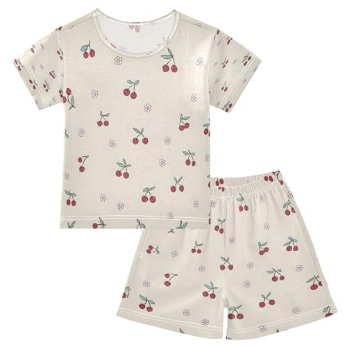 Cute Cherry Flower Pattern Kids Pjs Set Boys Girls Summer Short-Sleeve Sleepwear Pajamas 2PCS