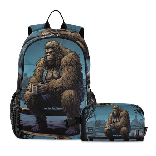 Sasquatch in Park Backpack Lunch Bag Set for Travel Hiking Picnic, Backpacks with Insulated Lunch Box