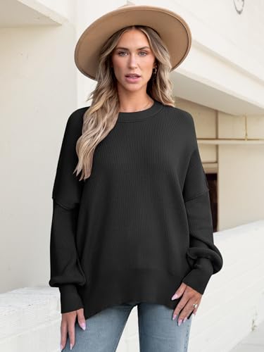 Anrabess Women Crewneck Batwing Long Sleeve 2024 Fall Oversized Side Slit Ribbed Knit Pullover Sweaters Top Cozy Outfits Black Small thumb #6