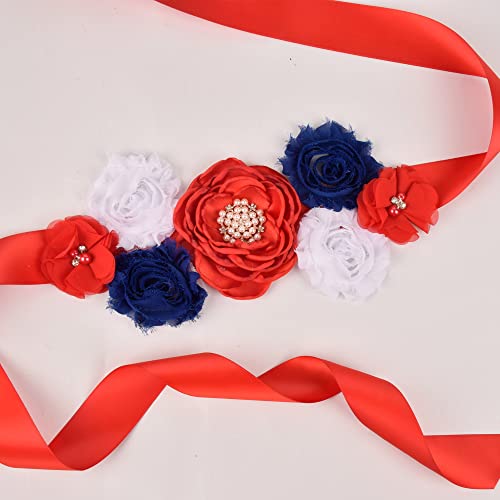 Vintage Maternity Sash for Baby Shower Pregnancy Flowers Sash Belt with Flowers Pearls Rhinestone for Wedding Bride/Baby Shower Dress (Red/Blue/White)2
