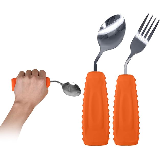 Image of Adaptive Utensils Angled Spoon and Fork for Hand Tremors Parkinsons,Weighted Utensils with Non-Slip Easy Grip Handles for Independent Eating (1pcs Spoon+1pcs Fork=2 pcs,Orange,Left Hand)