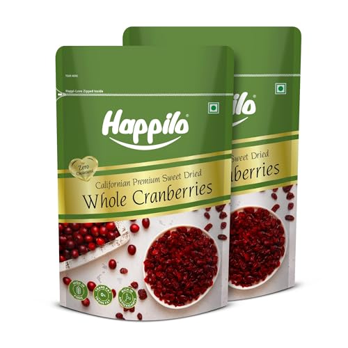 Image of Happilo Premium Californian Whole Cranberries Dried & Sweet Pouch 200 g (Pack of 2) | All Natural Dried Cranberries | Add them in Desserts or Breakfast | Healthy Dried Fruits