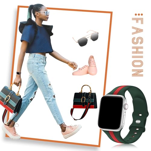 Image of Designer Sport Band Compatible with Apple Watch iWatch Bands 38mm 40mm 41mm 42mm 44mm 45mm 49mm Men Women, Soft Silicone Strap Wristbands for Apple Watch Series 11 /10 /9 /8 /7 /6 /5 /4 /3 /2 /1 /se /Ultra (A-Green Red, 44 /45 /46 /49 /42mm(Series 3 2 1))