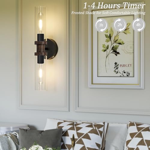 Image of Rayogale Black & Walnut Wireless Battery Operated Wall Sconce with Remote | Dimmable Rechargeable Wall Lights Set of 2, Timer, No Hardwire, Touch Control, 8000mAh, 3000K, Glass, Emergency, 16.5 Inch