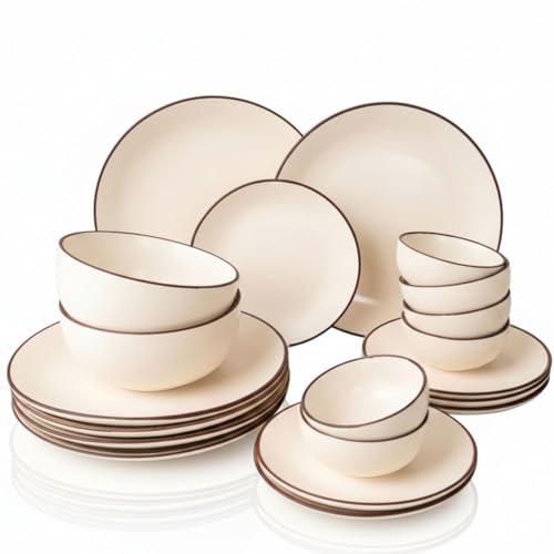 Image of Freakway Hand Painted Ceramic Dinner Set, 20 Pieces, Ivory White with Brown Rim, Stoneware, Microwave & Dishwasher Safe