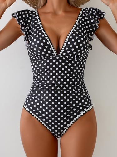 Image of Aidonger Women's One Piece Ruffle Swimsuit Tummy Control Bathing Suit V Neck Shell Stitched Swim Suit Slimming Swimwear