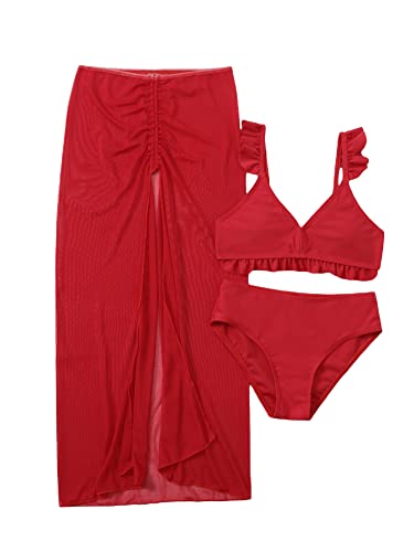 WDIRARA Girl's 3 Pieces Ruffle Trim Bikini Swimsuit with Split Beach Skirt