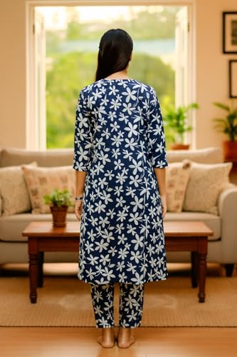 Image of Vlazom Women's 3-Piece Cotton Cord Set with Matching Bag | Floral Printed Co-Ord Set with Kurta Top & Pants | Ethnic Cotton Coord for Women