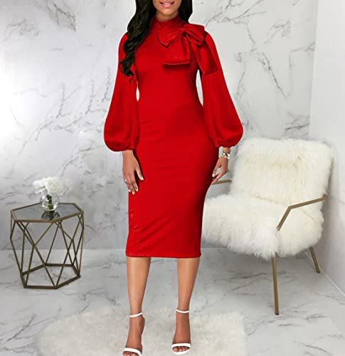 Image of Sexy Long Sleeve Dress for Women Solid Color Bow Knot Turtleneck Formal Gown Midi Casual Church Dresses