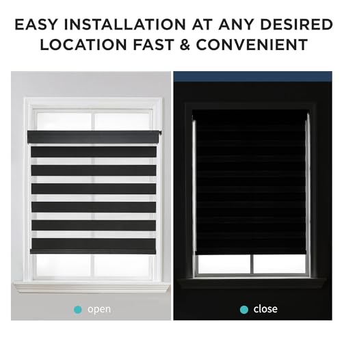 Joydeco No Drill Zebra Blinds for Windows, Cordless Dual-Layer Privacy Zebra Shades for Indoor Windows, Easy to Install, Light Filtering Sheer Blinds for Home (Black,Custom Size)