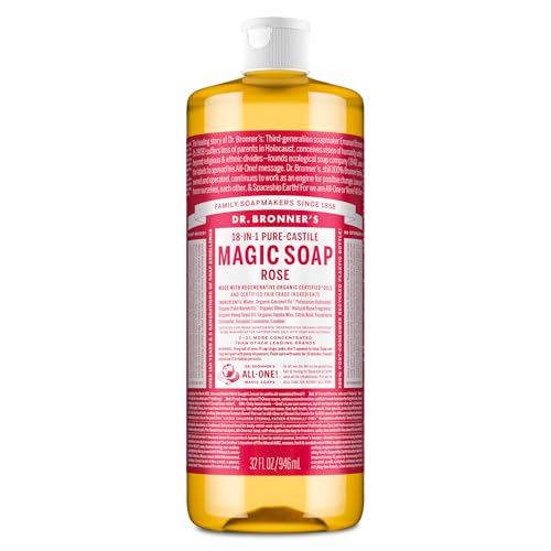Dr. Bronner's - Jabón líquido puro de Castilla (rosa, 32 onzas) – Fabricado con aceites orgánicos, 18 en 1 usos: cara, cuerpo, cabello, lavandería, mascotas y platos, concentrado, vegano, sin OMG