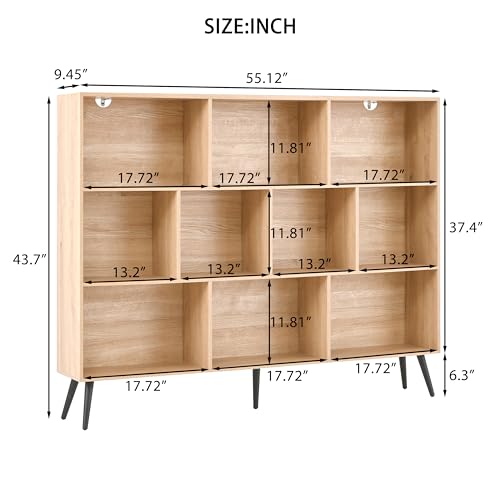 GarveeHome Wooden 3-Tier Open Shelf Bookcase, 10 Cubes Bookshelf, Freestanding Book Shelf Storage Organizer with 5 Iron Legs for Home Office, Living Room, Bedroom, Natural