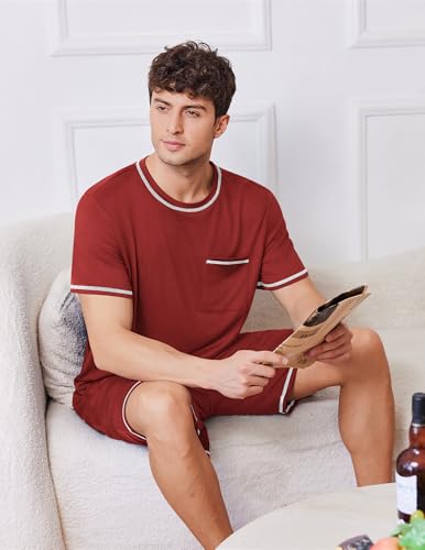 Image of Ekouaer Men's Pajamas Set Casual Short Sleeve Shirts and Shorts Soft 2 Piece Loungewear With Pockets