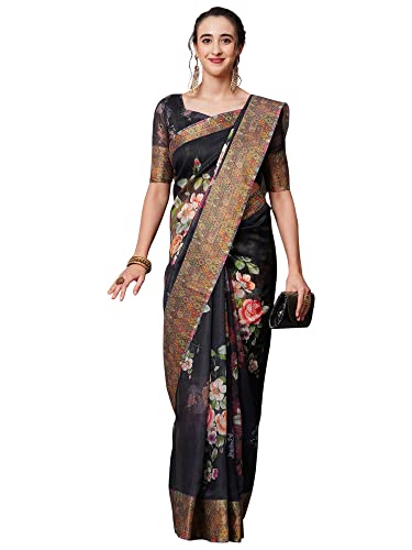 Image of AKHILAM Women's Ikat Linen Saree With Blouse Piece