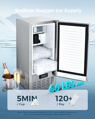 Image of EUHOMY Under Counter Nugget Ice Maker Machine, 66Lbs /Day, Bulit-in Freestanding Ice Maker with Gravity Drainage, Self-Cleaning & 24H Timer Ice Machine, for Home Use(Silver)
