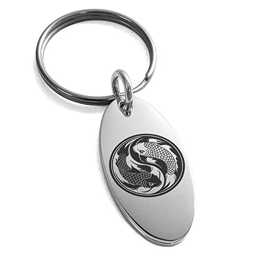 Stainless Steel Koi Fish Yin Yang Symbol Small Oval Charm Keychain Keyring