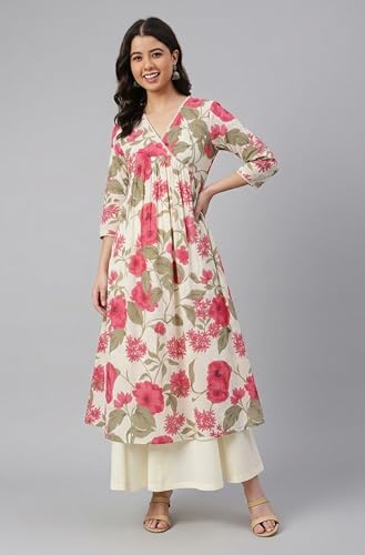 Image of Janasya Women's Pure Cotton Floral Printed Flared Kurta