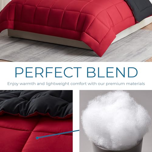 Image of Nestl 3 Piece Quilted Down Alternative Comforter California King Size with 2 Pillow Shams, Red /Black All Season Duvet Inserts Cal King Size Comforter with Corner Tabs