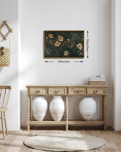 Image of KISSFOX Vintage Dark Green Flowers Framed Wall Art Moody Botanical Floral Canvas Art Summer Rustic Country Paintings Art Prints Modern Farmhouse Pictures Wall Decor For Kitchen Bedroom Girls Room