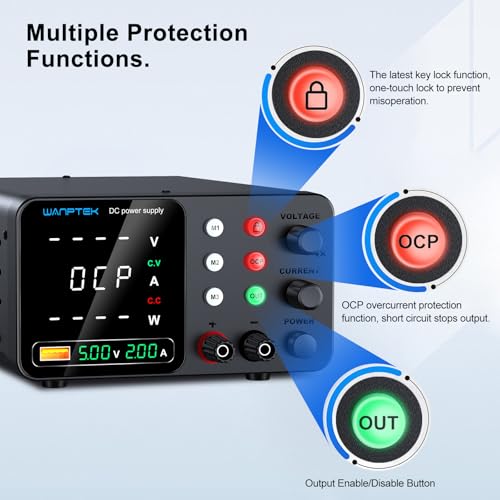 Image of WANPTEK DC Bench Power Supply 30V 10A, Regulated Variable Lab Power Supply with Memory Presets, Encoder Knob,OCP Protection, Output Switch, 4-Digit LED, USB Fast Charge and Key Lock for Repair