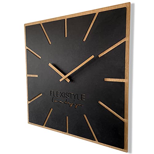 FLEXISTYLE Reloj de Pared Grande Moderno Cuadrado de Madera Exact Eco, silencioso, salón, Dormitorio, (Negro, 60 cm)