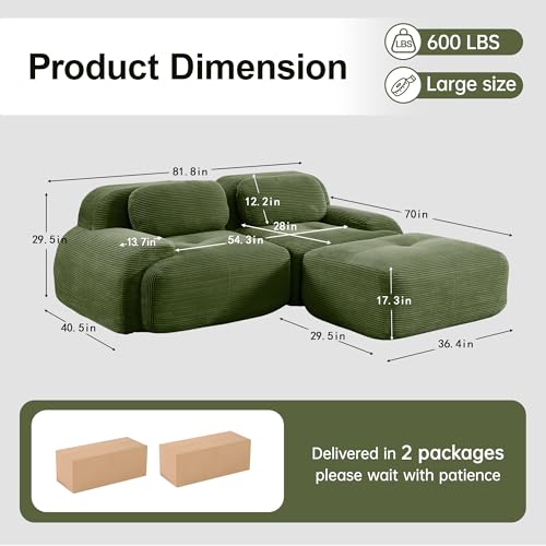 Image of 81.8 Inch 2-Seat Modular Sectional Cloud Sofa, L-Shaped, Corduroy Green