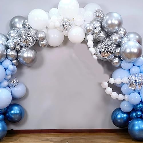 Image of Jobkoo Blue and White Balloons, 60 Pcs 12 Inch Pastel Baby Blue Silver Latex Balloon with Metallic Confetti Balloons Graduation Balloon for Boys Birthday Baby Shower Christening Grad Party Decorations