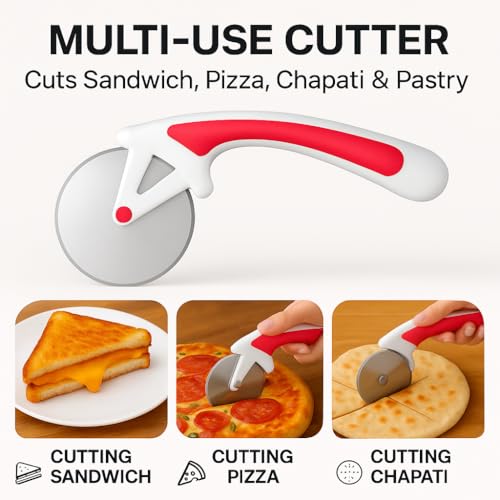 Image of Premium Stainless Steel Pizza Cutter with Sharp Blade & Smooth Rolling Plastic Handle, Paratha, Chapati, Slice Cutter, Kitchen Slicer for Pizza, Sandwich, Pizza Cutter for Kitchen