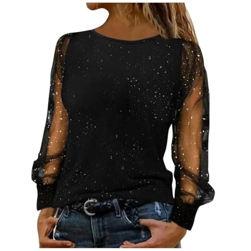 Women's Sequin Blouses Shiny Glitter Mesh Tops Splice Sparkly Dressy Long Sleeve Loose Tunic Fall Casual Shirts (US, Alpha, Medium, Regular, Regular, Black)