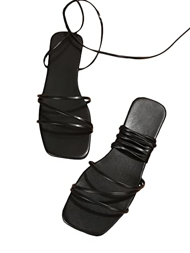 GORGLITTER Women's Lace Up Flat Sandals Dressy Strappy Square Toe Gladiator Sandals Summer Beach Slides