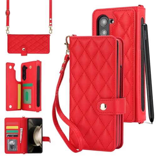 Housse Z Fold 4 rouge en cuir avec bandoulière pour vos déplacements