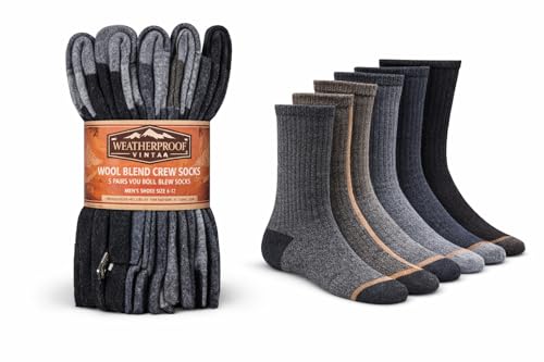 Weatherproof Vintage Mens Wool Blend Crew Socks Outdoor 5-Pair (US Numeric 6 12 Regular Regular Multi-Color)