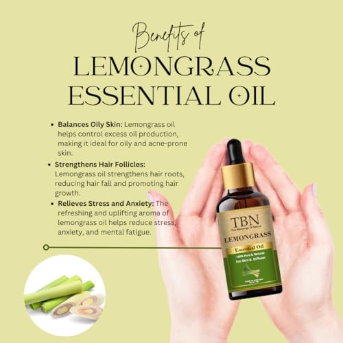 Image of TBN 100% Pure and Natural Lemongrass Essential Oil For Skin, Hair Growth, Bathing, Diffuser | Lemongrass Aroma Oil for Home Fragrance | Best for Aromatherapy | Helps in meditation - 15ML