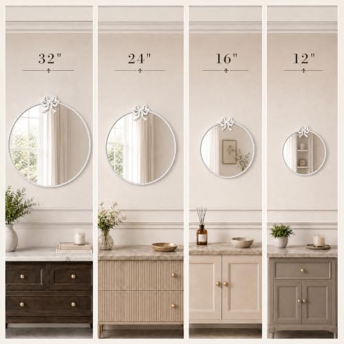 Image of 24 Inch White Circle Mirror Round Wall Mirror Vintage Bow Mirror Decor